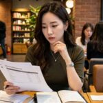 카페에서 프리랜서 업무와 함께 대출 서류를 정리하며 현실적으로 고민하는 모습