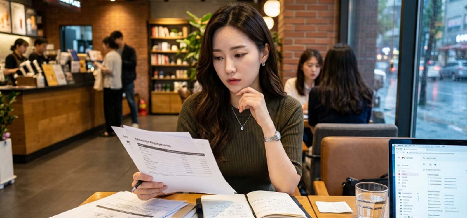 카페에서 프리랜서 업무와 함께 대출 서류를 정리하며 현실적으로 고민하는 모습