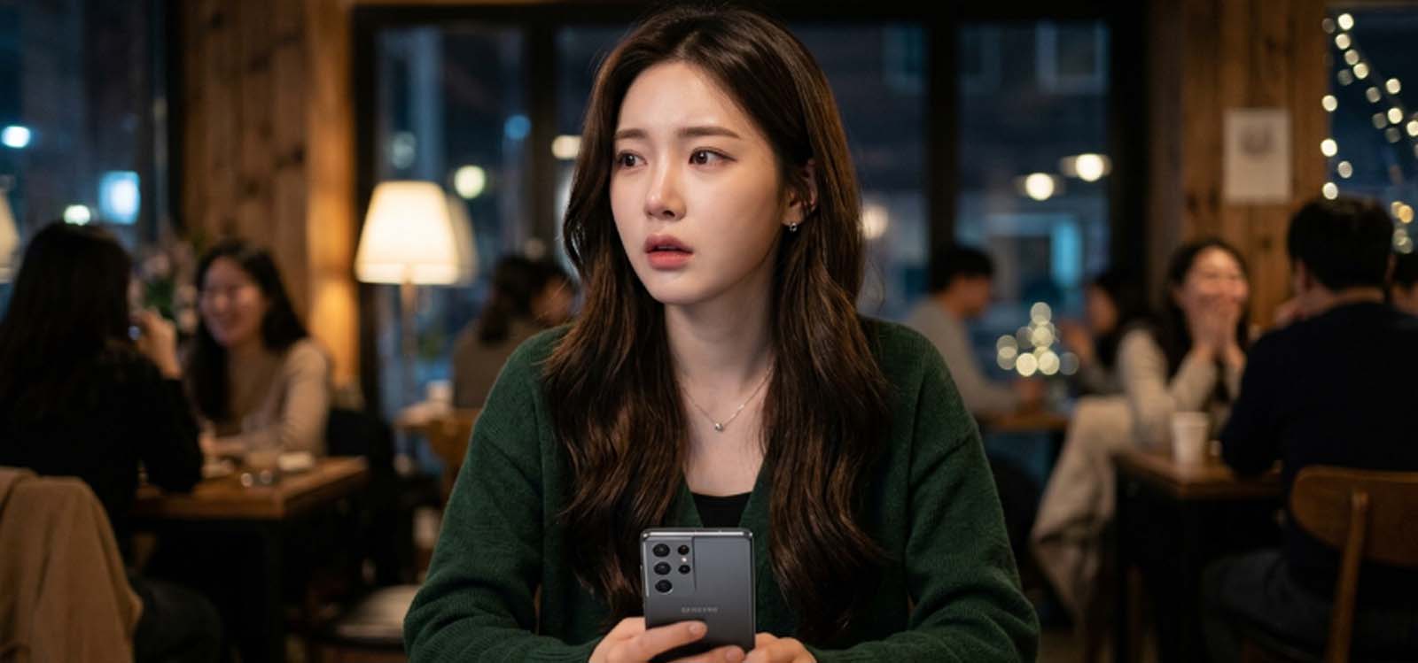 불안한 문자 확인 후 놀라는 모습