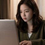 카페에서 노트북 뒷면이 보이게 대출 승인 확인하는 모습