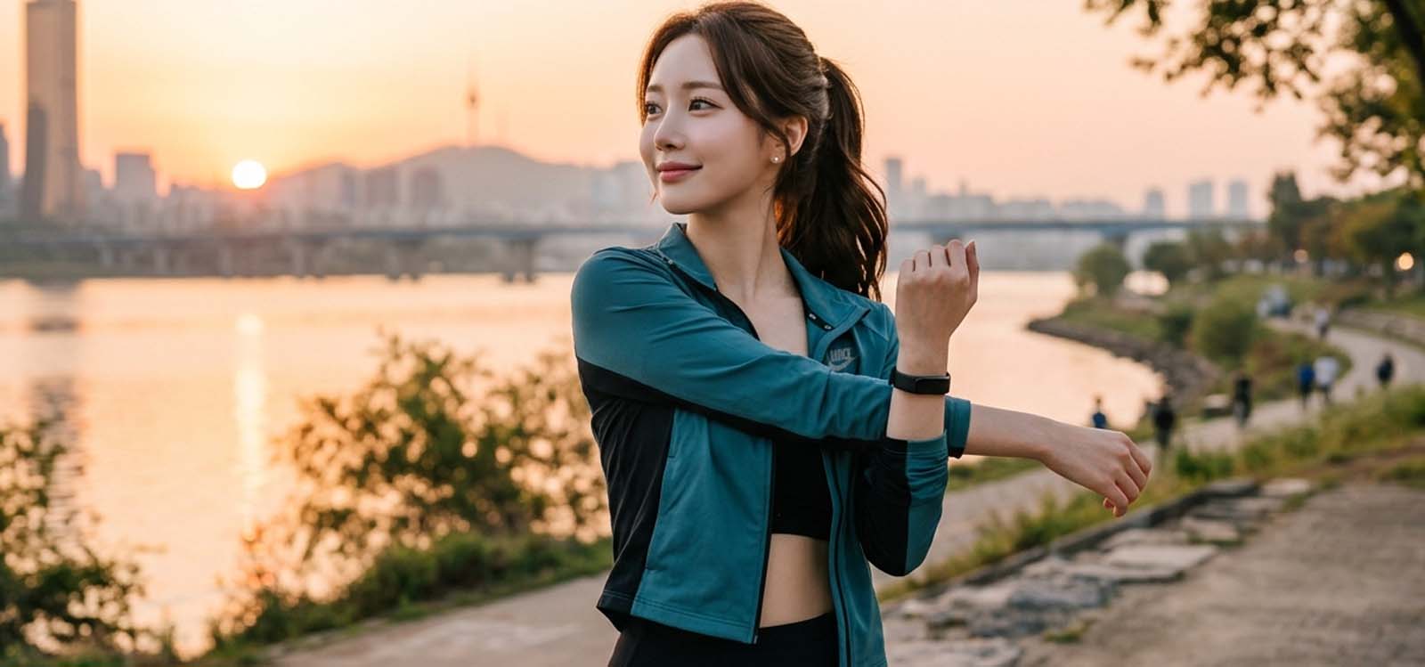 아침에 러닝 후 스트레칭하는 모습