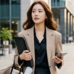 패션 샘플을 들고 미팅 장소로 이동하는 모습