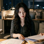 회사 야근 후 텅 빈 사무실에서 지친 표정으로 서류를 정리하는 모습