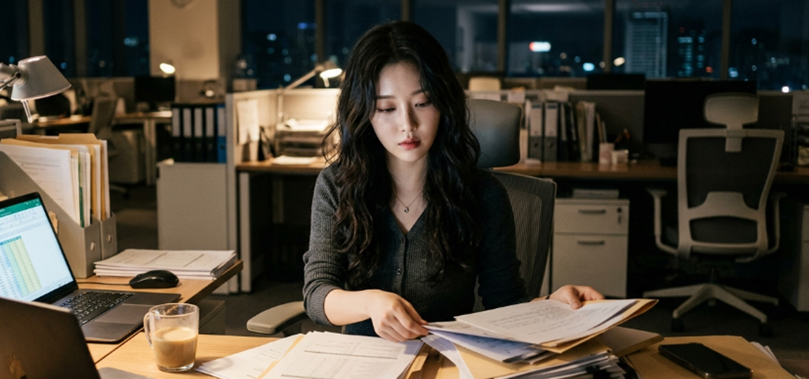 회사 야근 후 텅 빈 사무실에서 지친 표정으로 서류를 정리하는 모습