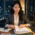야근 중 프로젝트 마감을 준비하는 모습