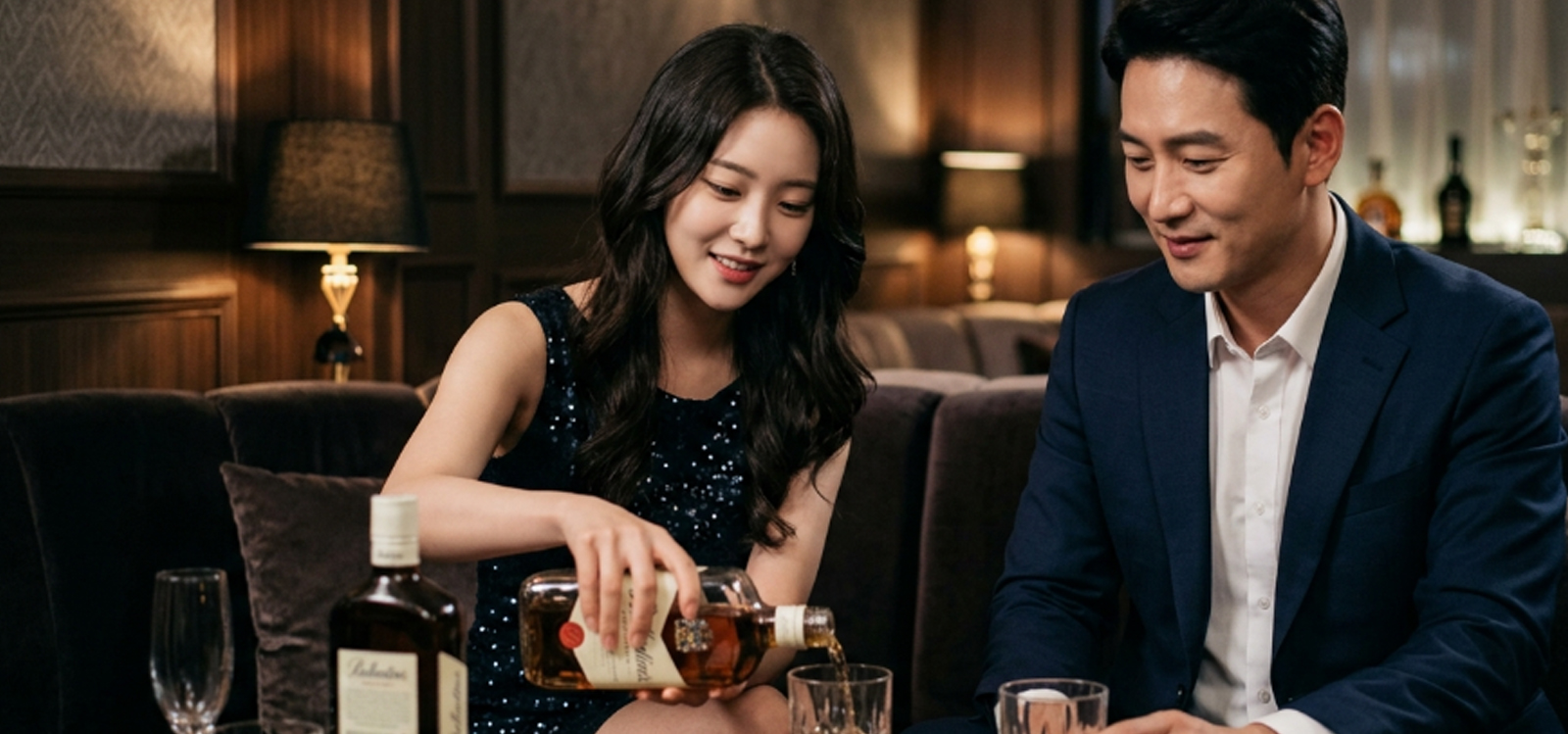 VIP 룸에서 남성 옆에 앉아 고급스럽게 술 따라주는 모습