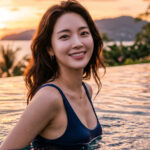 수영장 안에서 햇살을 받으며 여유롭게 이동하는 모습