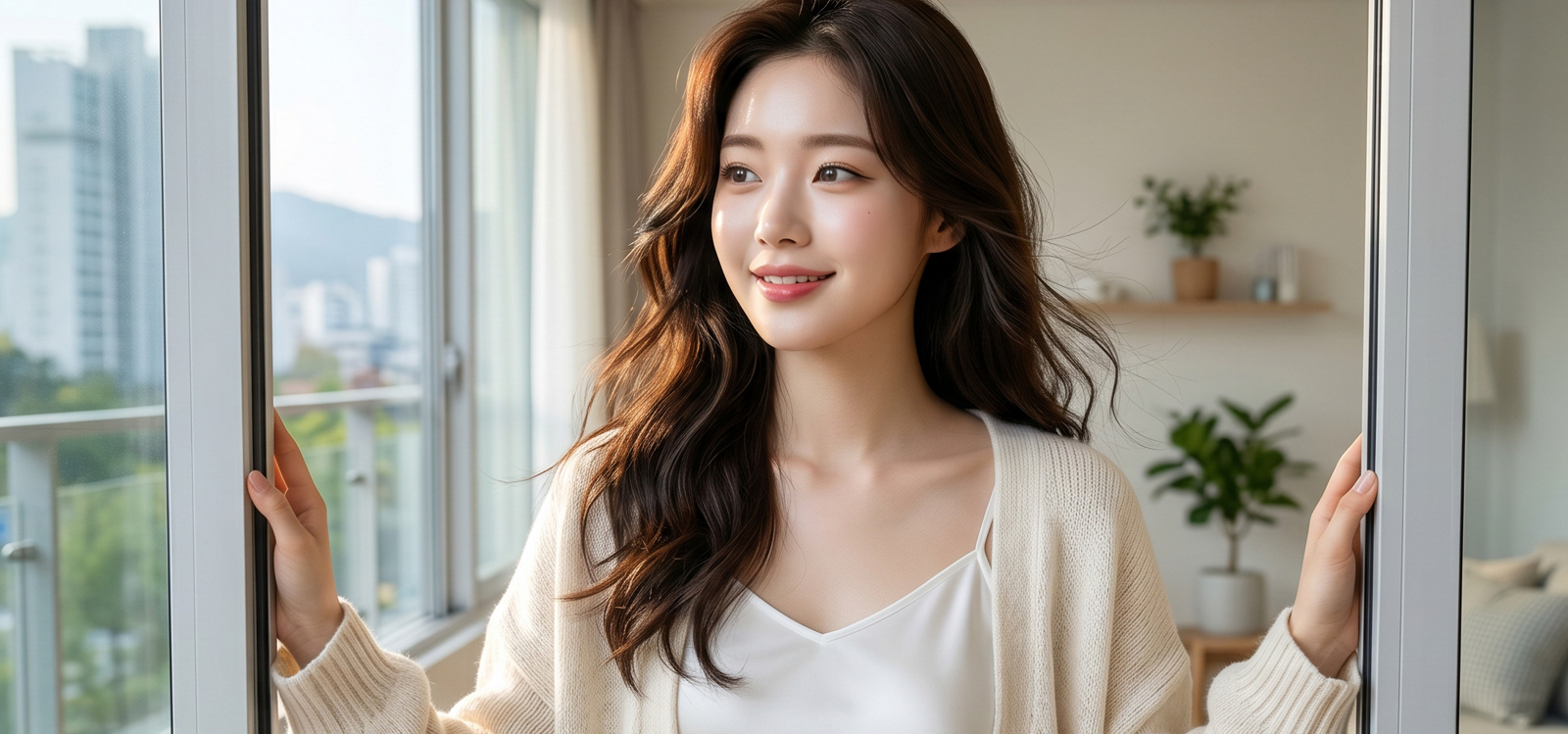 창문을 열어 아침 환기하는 모습