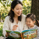 아이와 함께 나무 그늘 아래서 책을 읽어주는 엄마