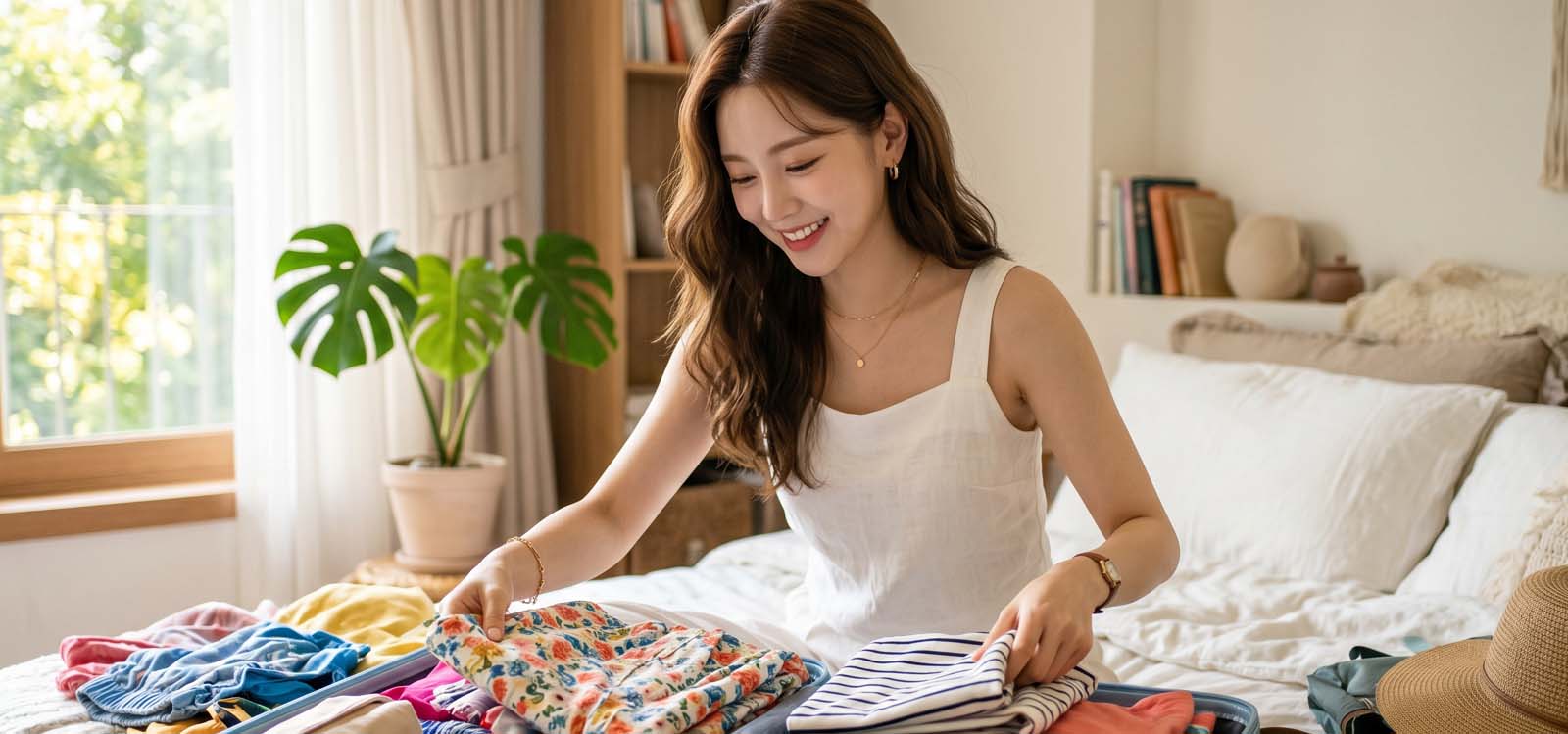 여행 캐리어를 준비하는 여성