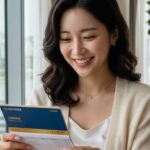 통장을 보며 기뻐서 미소 짓는 모습
