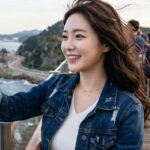 전망대에서 바다 풍경을 감상하는 모습