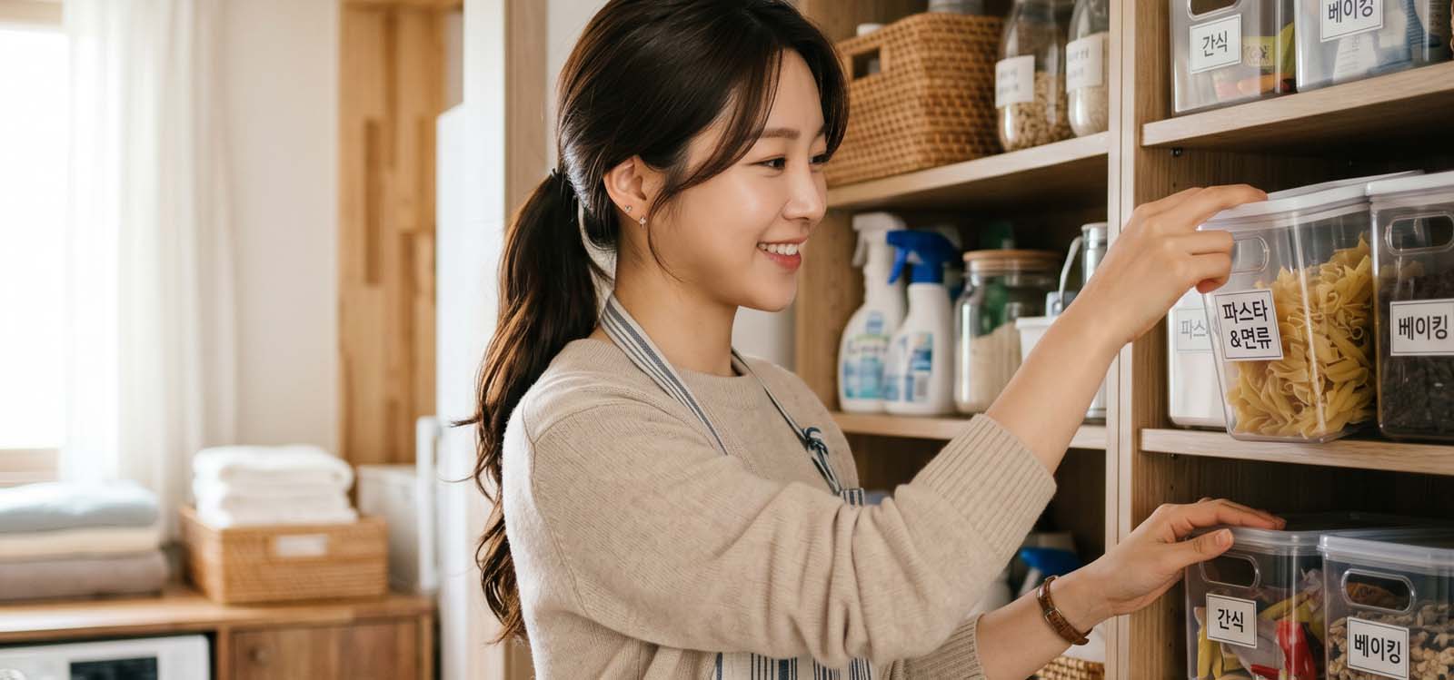 주방 수납을 정리하는 모습