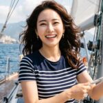 선착장에서 요트를 배경으로 로프를 정리하는 모습