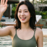 수영장에서 친구를 향해 손 흔드는 모습