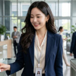 회사 건물 로비를 빠르게 지나가는 모습