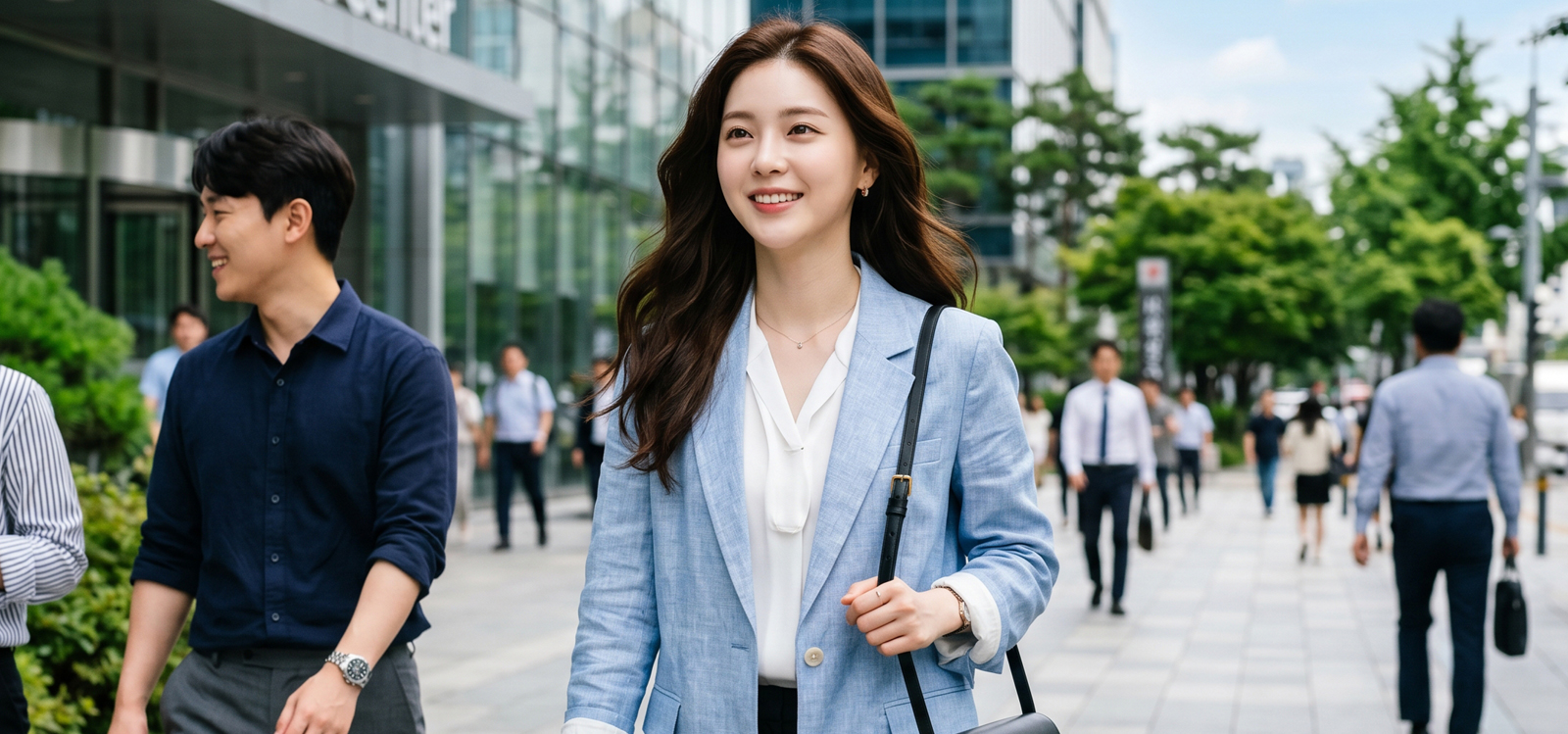 출근길 횡단보도를 빠르게 건너는 직장인