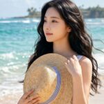 해변에서 밀짚모자를 잡으며 바닷바람을 맞는 모습