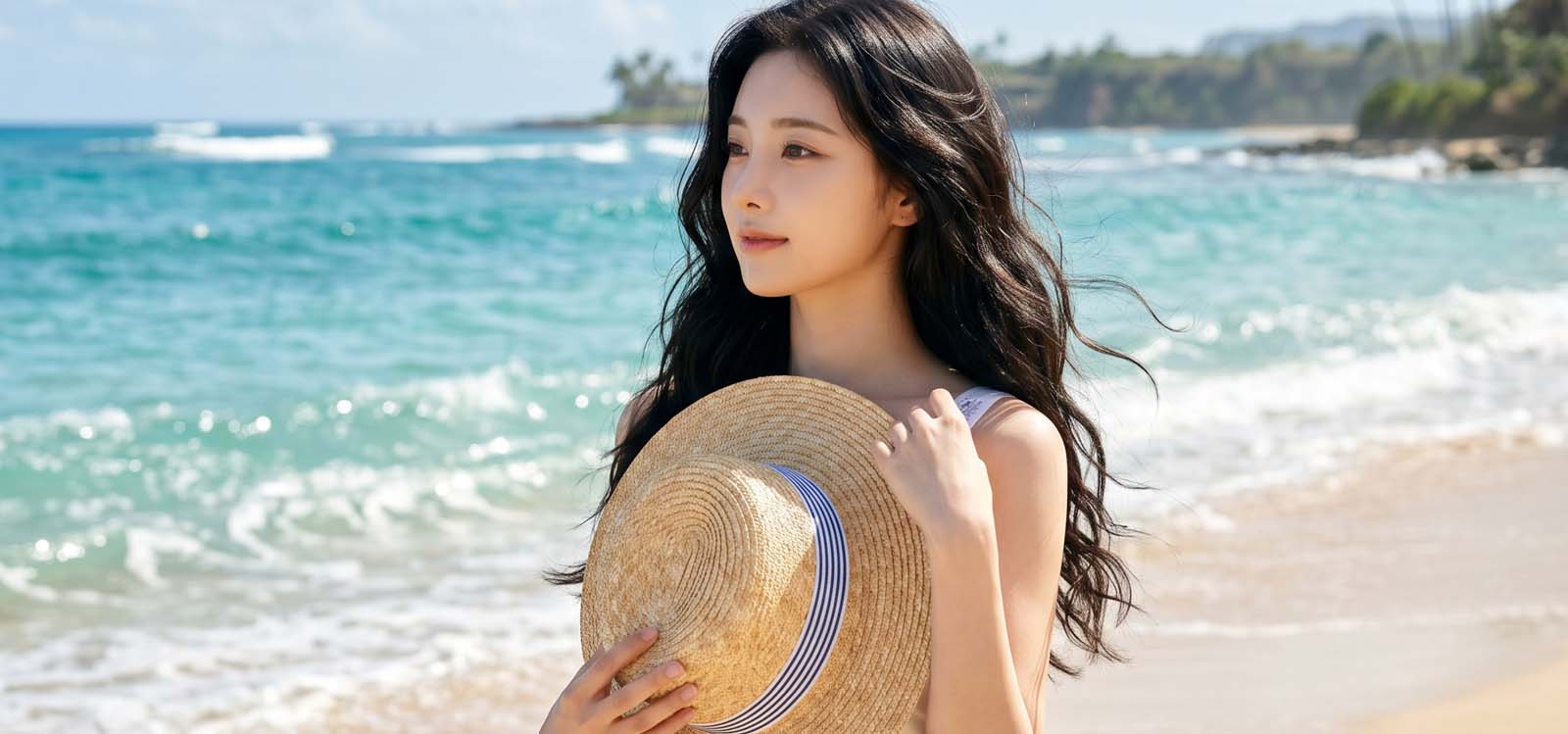 해변에서 밀짚모자를 잡으며 바닷바람을 맞는 모습