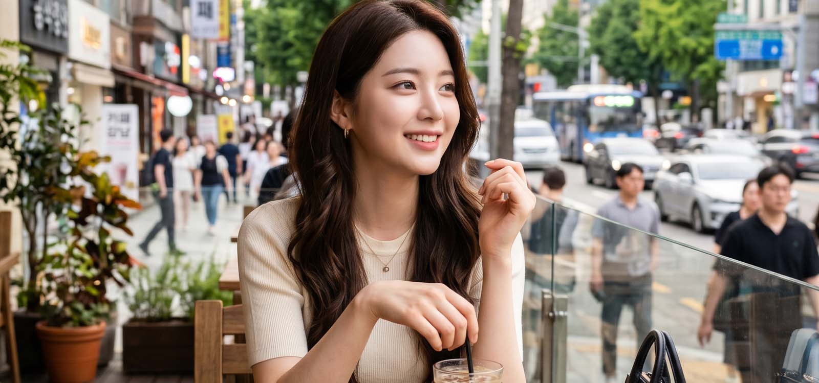 카페 테라스에서 창밖 풍경을 바라보는 모습