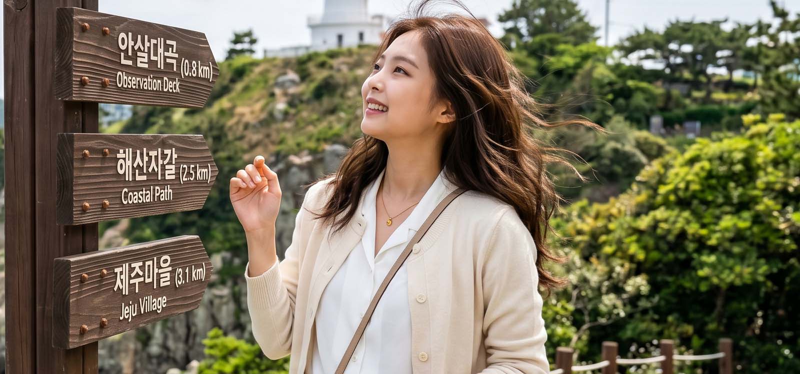 섬 등대 앞에서 길을 찾는 모습