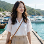 섬 해안 절벽 산책로를 걷는 모습