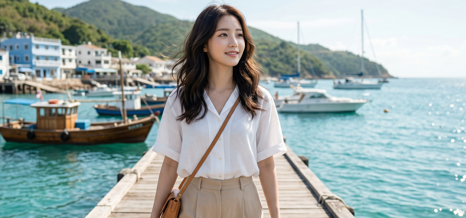 섬 해안 절벽 산책로를 걷는 모습