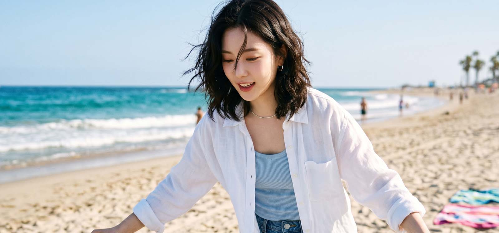 여름 해변에서 돗자리 펴는 모습