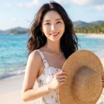 해변에서 밀짚모자를 잡으며 바닷바람을 즐기는 모습