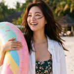 해변에서 커다란 튜브를 들고 이동하는 모습
