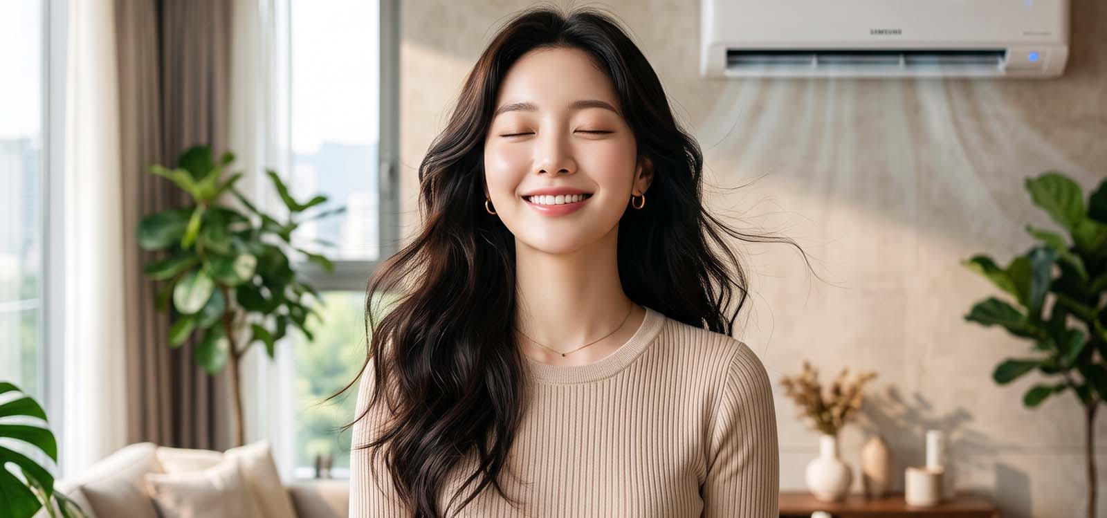 시원한 바람을 맞으며 미소 짓는 모습