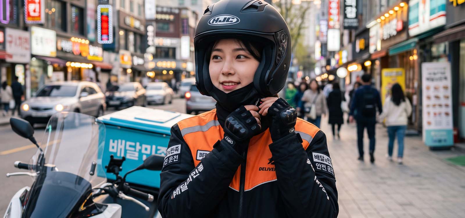헬멧을 착용하며 배달을 준비하는 모습
