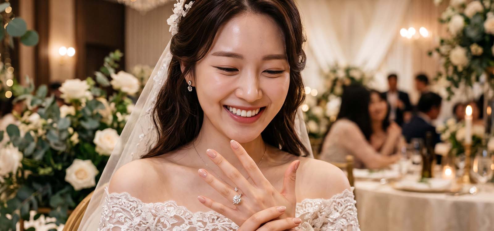 결혼반지를 바라보며 미소 짓는 모습