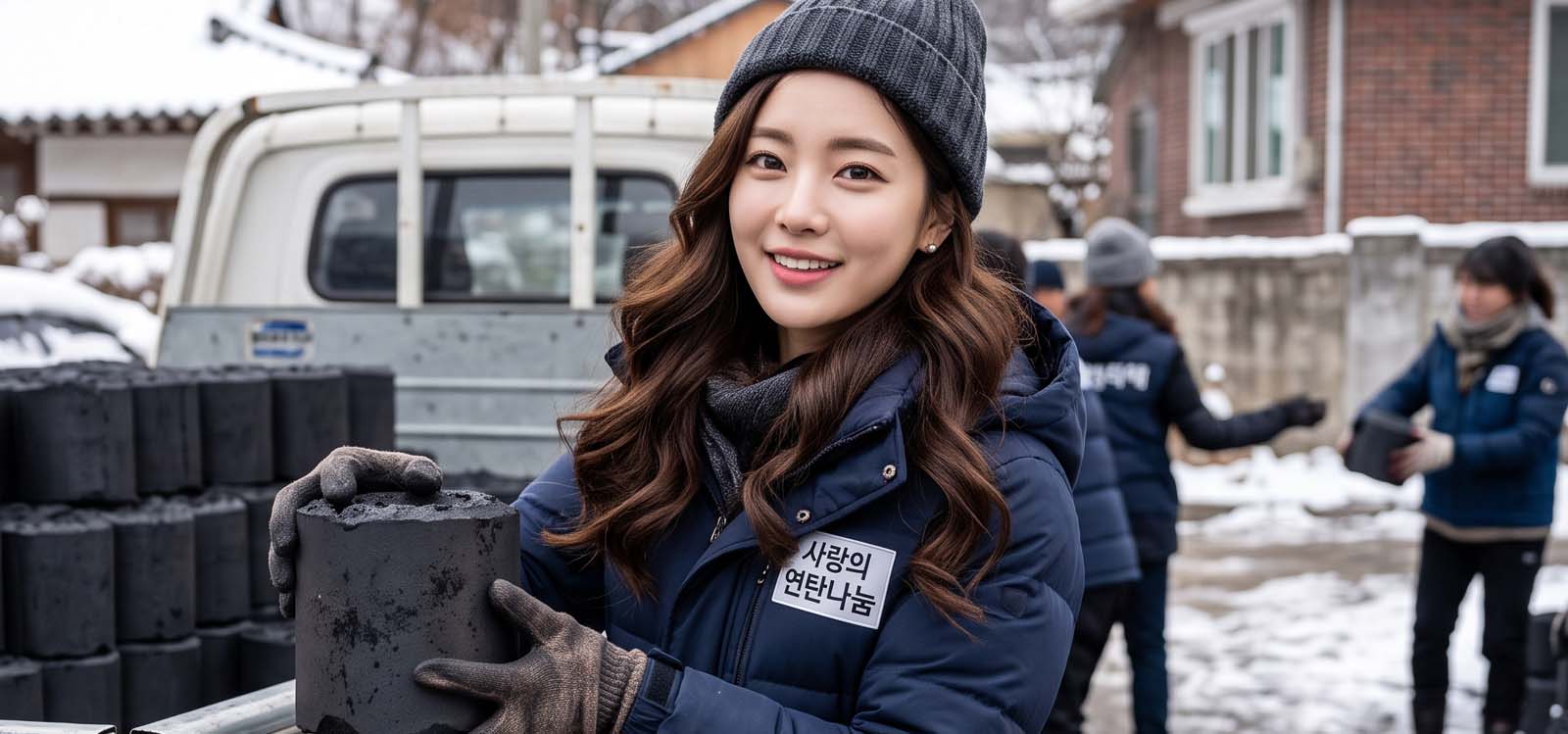 연탄 배달 차량에서 연탄을 내리는 모습