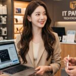노트북을 들고 미소 짓는 모습