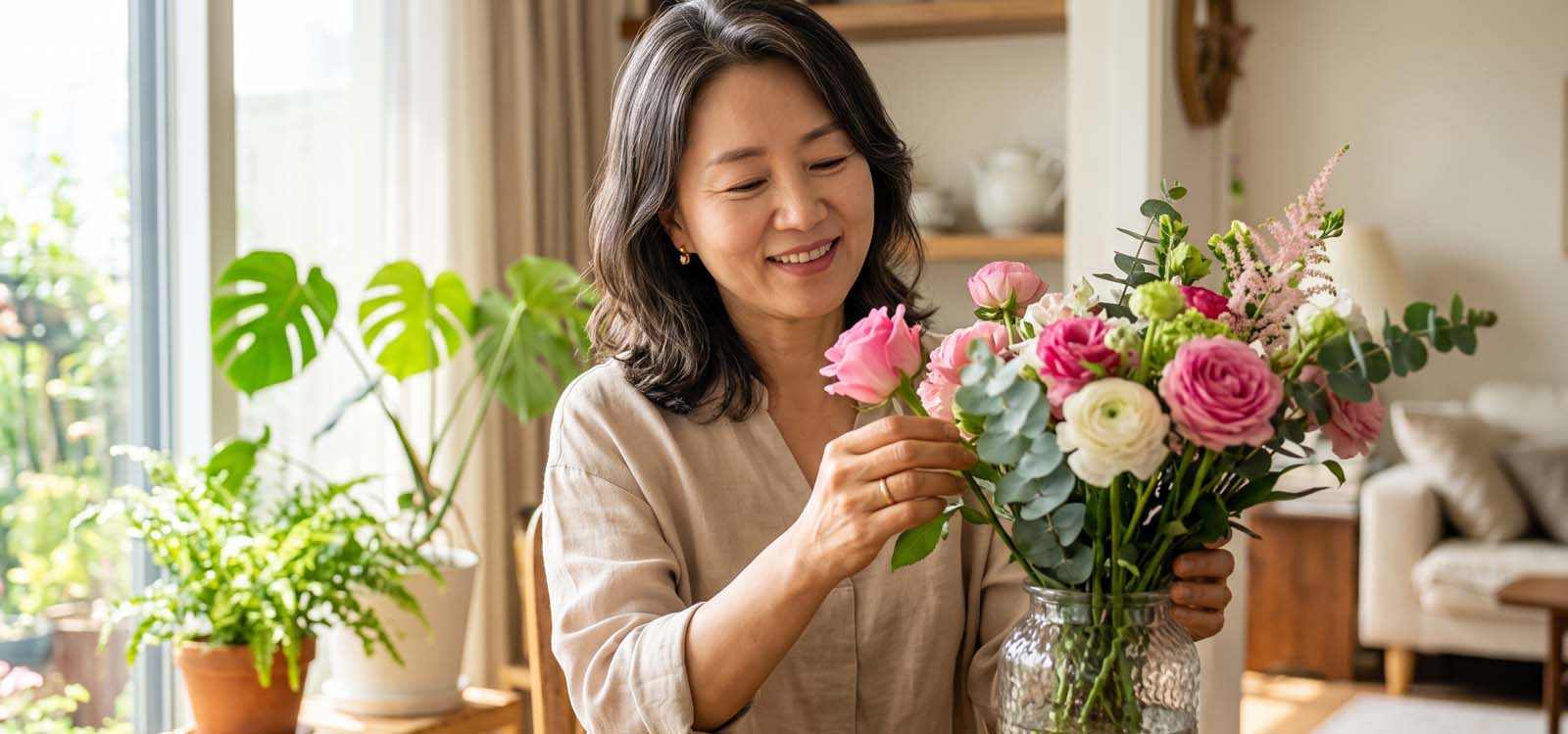 꽃을 다듬으며 꽃병에 꽂는 모습