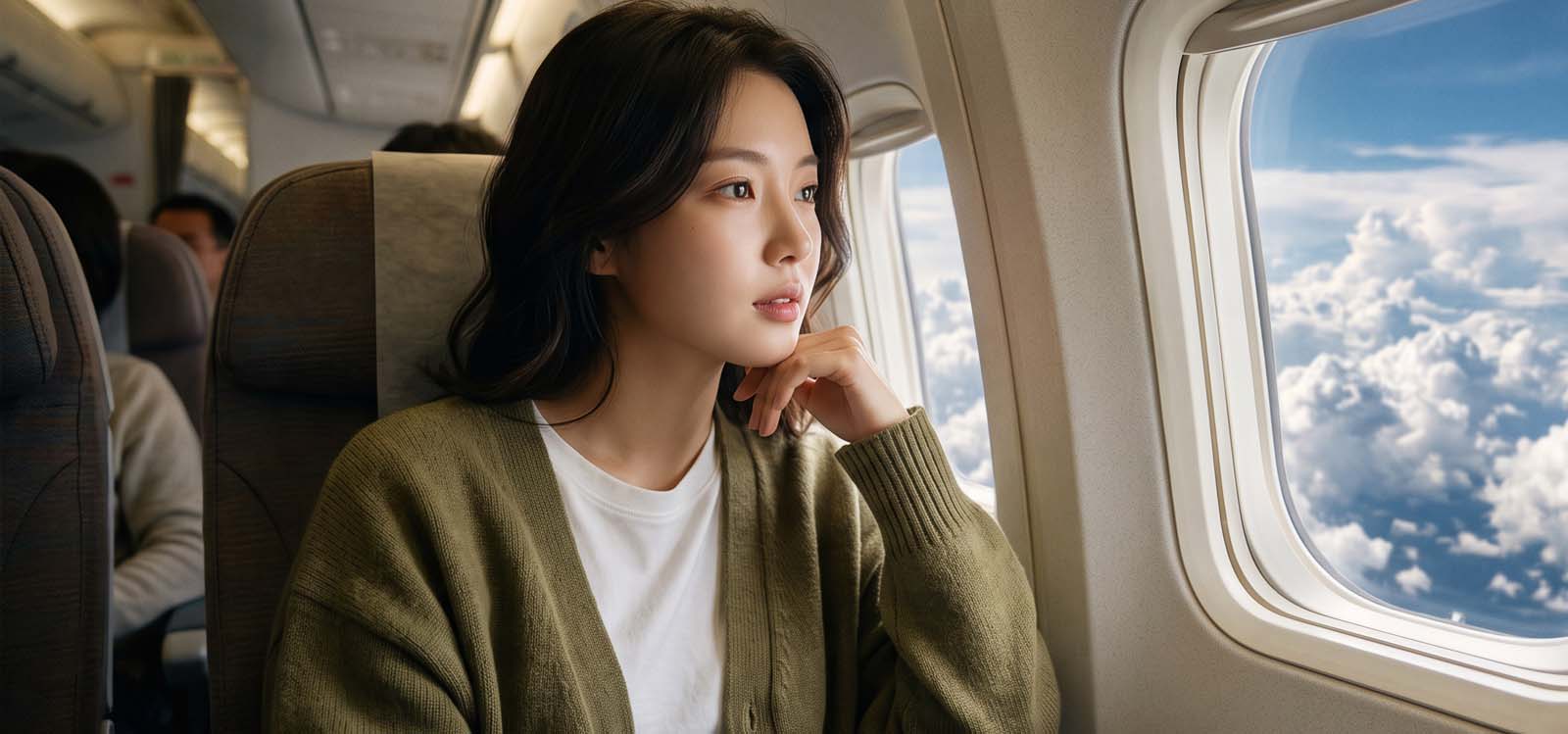 기내 창가에서 아름다운 구름을 바라보는 모습