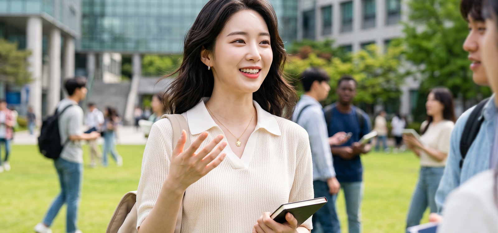 캠퍼스 잔디에서 친구들과 토론하는 대학생