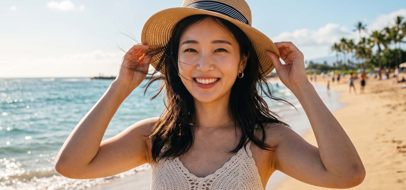 해변에서 모자를 잡으며 바람을 즐기는 모습