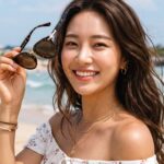해변에서 선글라스를 벗으며 미소 짓는 모습