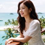 리조트 발코니에서 풍경을 감상하는 모습
