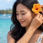 해변 꽃장식을 머리에 꽂는 모습