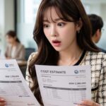 수수료 안내서를 보고 고민하는 여성