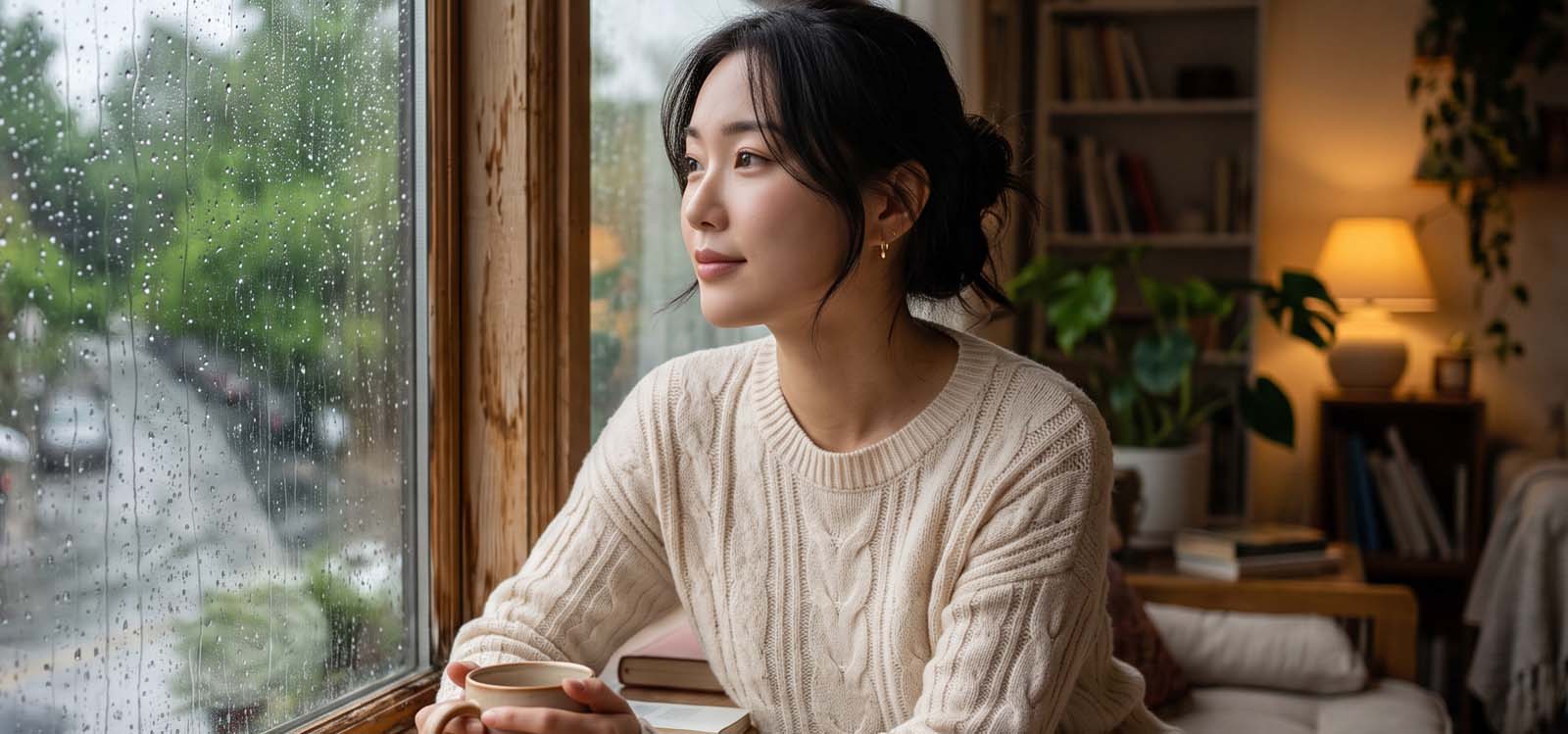 창가에서 비 오는 풍경을 바라보는 모습