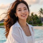 선셋 해변에서 바람을 맞으며 천천히 걸어가는 모습