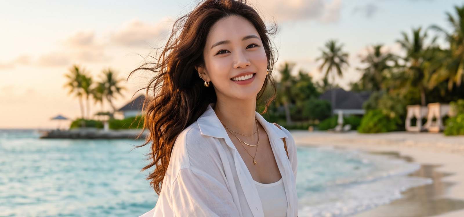 선셋 해변에서 바람을 맞으며 천천히 걸어가는 모습