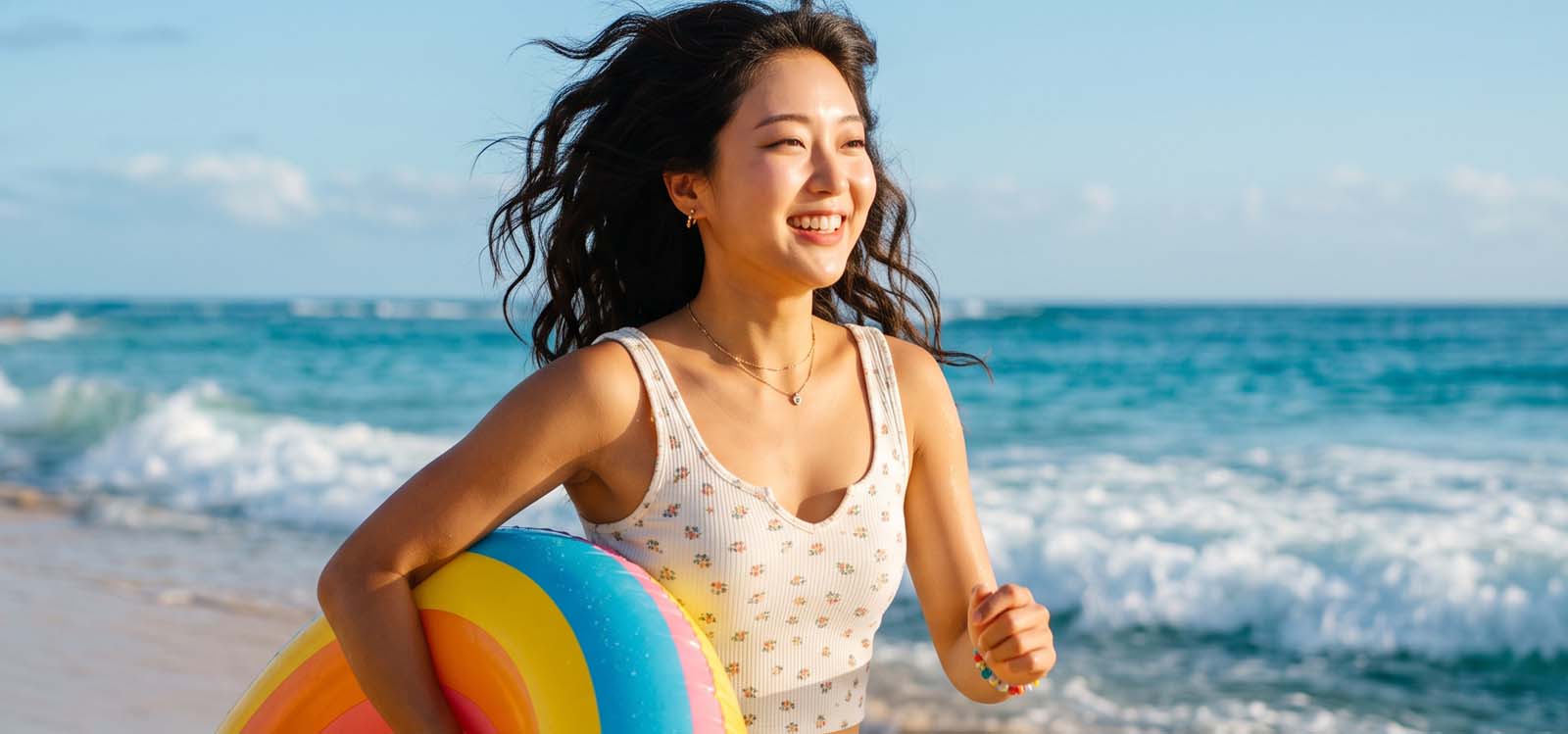 바닷가에서 커다란 튜브를 들고 뛰어가는 모습