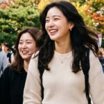 캠퍼스를 걸으며 크게 웃는 모습