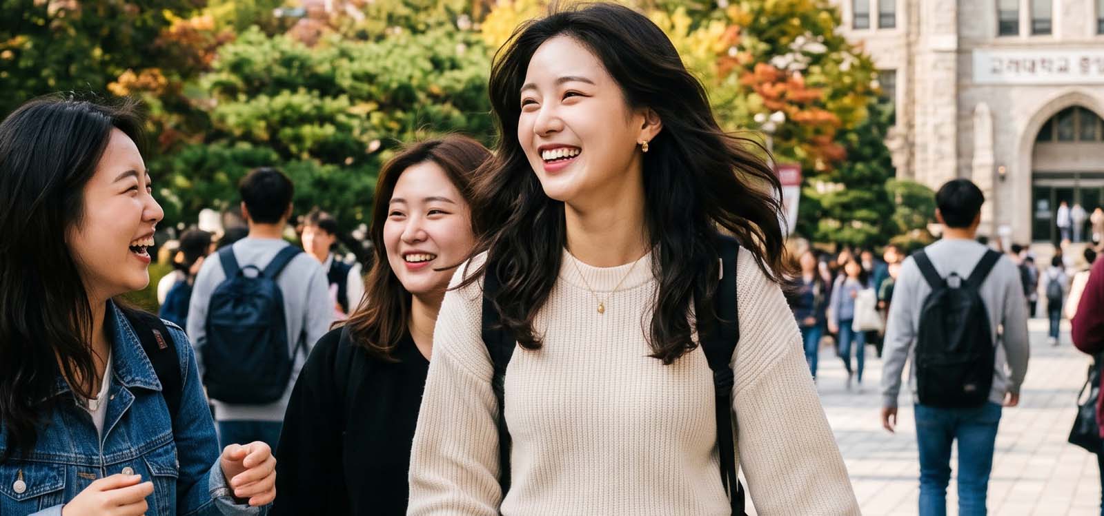 캠퍼스를 걸으며 크게 웃는 모습