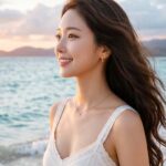 석양이 지는 바닷가를 산책하는 모습
